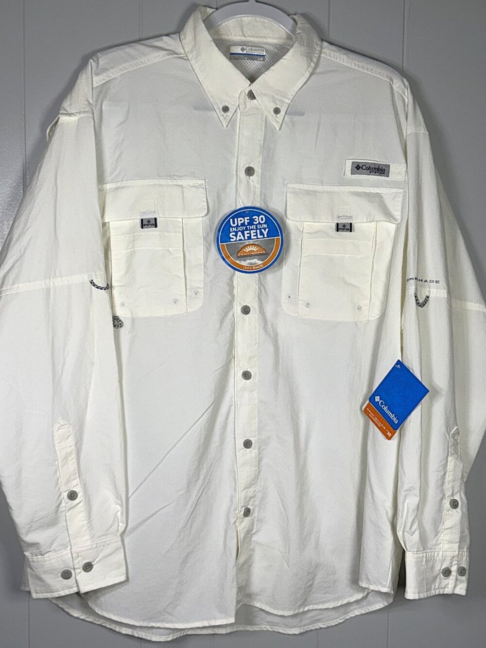 Columbia Bahama II PFG White Fishing Omni-Shade UPF 30 Vented Button-Up Shirt L